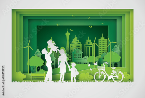 Green Family Life in Eco Urban City Paper Cut Style