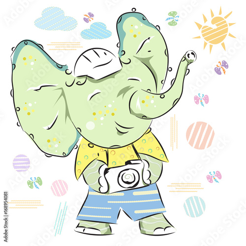 A cute little cartoon elephant with a camera. Summer baby print. Can be used for baby t-shirt print, fashion print design, kids wear, baby shower celebration greeting and invitation card.