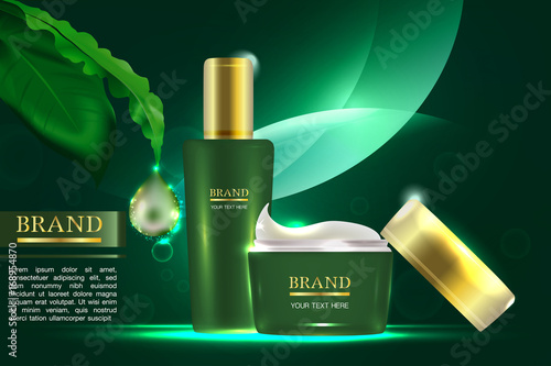 Cosmetic container with advertising background ready to use, green natural concept skin care ad. Illustration vector
