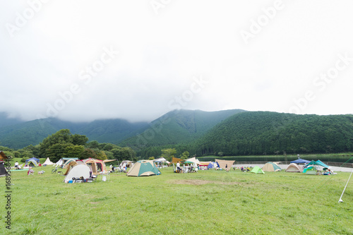 Lake and mountain view ,Camping tents in Yamanashi Prefecture, Japan .