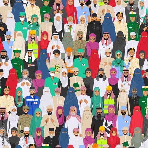 Seamless pattern social concept. Large group muslim arabic people professions occupation standing together in different suit and traditional clothes in flat style. Arab men and women in row. Vector.