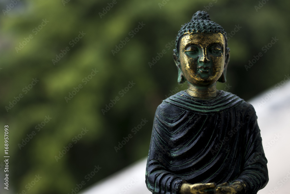 Amazing picture of Buddha replica meditating in lotus position on blured background.