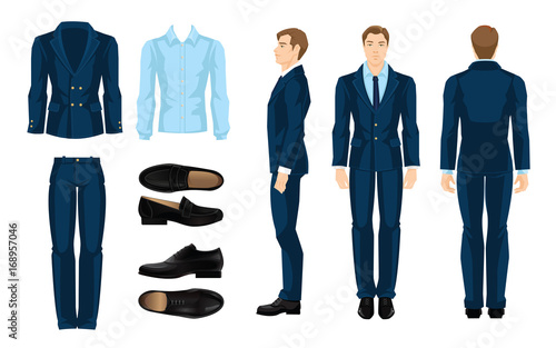 Vector illustration of corporate dress code. Businessman or professor in ormal suit and shoes. Front view and side view.. Blue shirt, suit and black shoes isolated on white background.