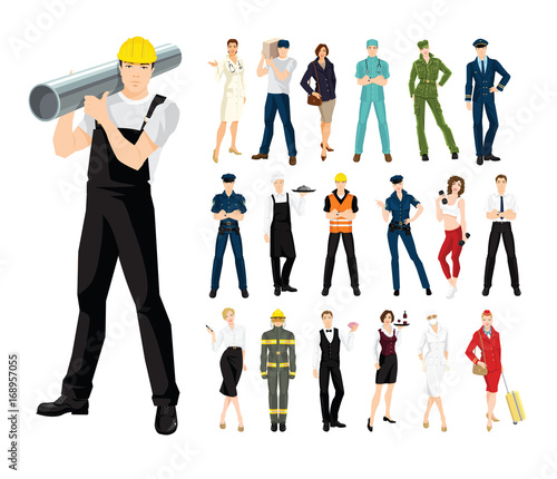Vector illustration of professional people in different uniform and pose on white background
