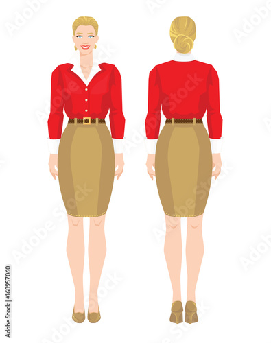 Vector illustration of woman in formal beige skirt, white blouse, red sweater and shoes on high heel. Various turns woman's figure isolated on white background. Front view and back view.
