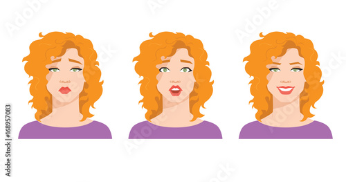 Collection of woman's emotions. Vector illustration of variations of facial expression. 