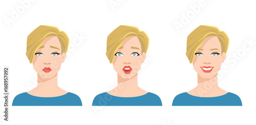 Collection of woman's emotions. Vector illustration of variations of facial expression. 
