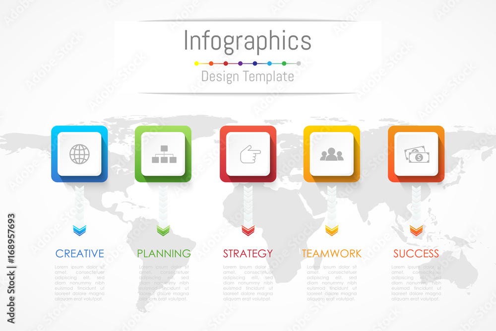 Infographic design elements for your business data with 5 options, parts, steps, timelines or processes. Vector Illustration. World map of this image furnished by NASA Infographic design elements for your business data with 5 options, parts, steps, timelines or processes. Vector Illustration. World map of this image furnished by NASA