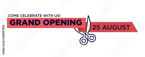 Grand opening red ribbon cut with scissors cutting vector isolated icon photo