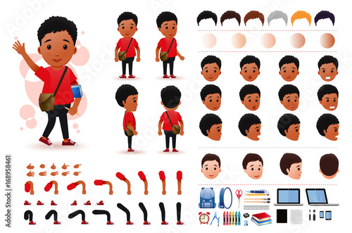 Little Black African Boy Student Character Creation Kit Template with Different Facial Expressions, Hair Colors, Body Parts and Accessories. Vector Illustration.

