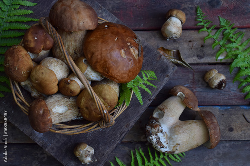 Composition of porcini in the basket on wooden background. White edible wild mushrooms. Copy space for your text.