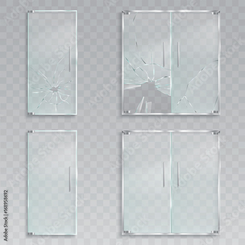 Set of vector realistic illustrations of a layout of an entrance glass doors with metal handles unscathed and with broken glass, a clean transparent doors for an office, a store, a boutique