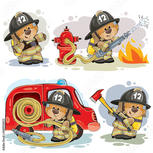 Set of vector clipart illustrations of teddy bear firefighter with rescue equipment isolated on white. Prints, design elements