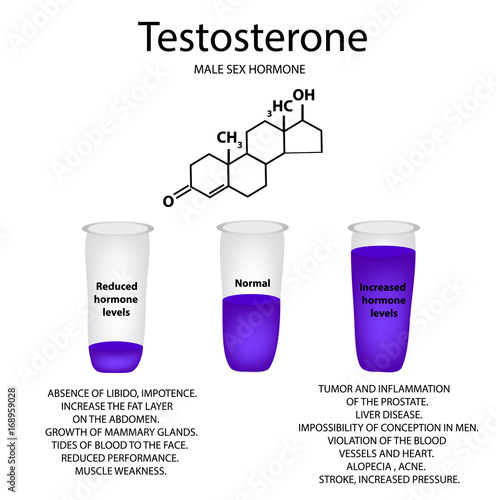 The chemical molecular formula of the hormone testosterone. Male sex hormone. Decrease and increase of testosterone. Infographics Vector illustration.