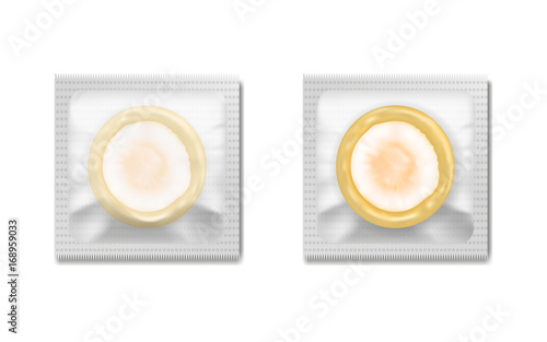 Set of vector illustration of latex condom in packing isolated on white background, contraception and sexual protection.
