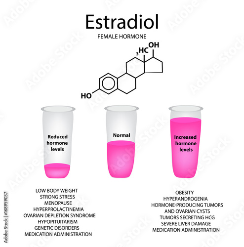 Chemical molecular formula of the hormone estradiol. Female sex hormone. Decrease and increase of estradiol. Infographics Vector illustration