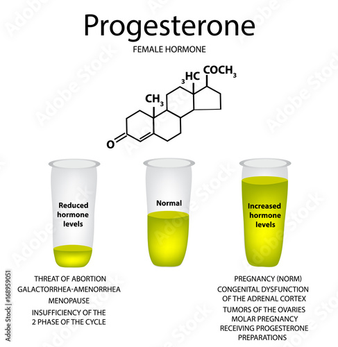 The chemical molecular formula of the hormone progesterone. Female sex hormone. Decrease and increase of progesterone. Infographics Vector illustration
