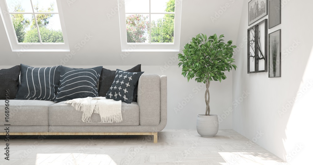 Fototapeta premium Idea of white room with sofa and summer landscape in window. Scandinavian interior design. 3D illustration