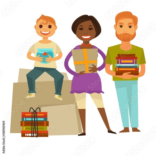 Family with gifts for housewarming party isolated illustration