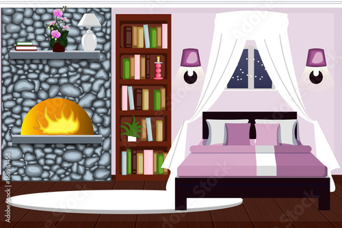 Bedroom interior with fireplace. Comfortable room, winter night. cartoon. Vector.