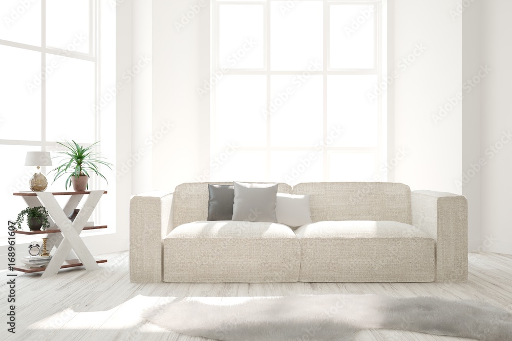 Fototapeta premium White modern room with sofa. Scandinavian interior design. 3D illustration