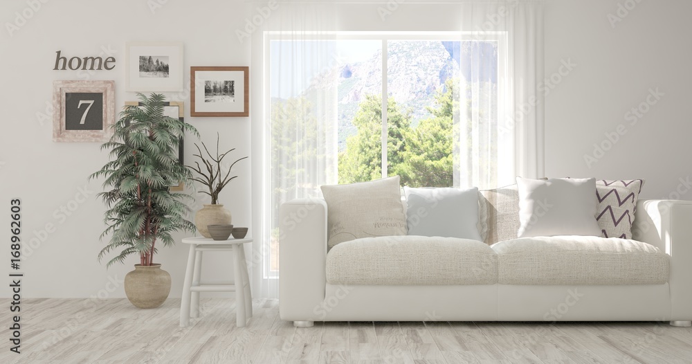 Plakat Idea of white room with sofa and summer landscape in window. Scandinavian interior design. 3D illustration