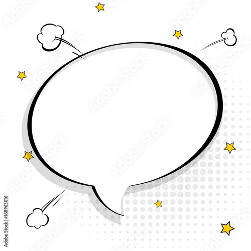 Pop art chat bubble in comics book style, blank layout template with halftone dots, comic speech bubble. Clouds beams and isolated dots pattern. Thoughts bubble in pop art comics style on white.