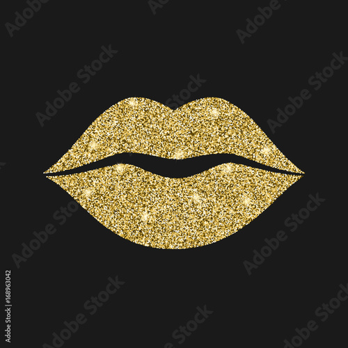 Lip icon with glitter effect, isolated on black background. Outline icon of mouth, vector pictogram. Symbol of kiss from golden particles dust.