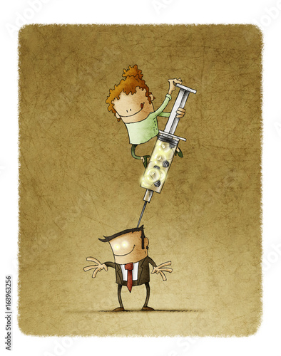 Woman is injecting ideas into a man's head, Concept of creativity.