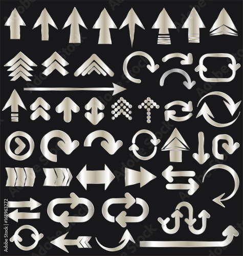 Vector set of silver arrow shapes isolated on black