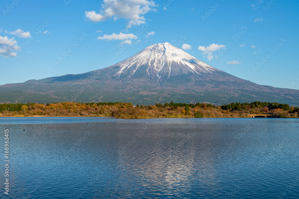 Fuji mountain seen from the lake Tanuki, Japan.