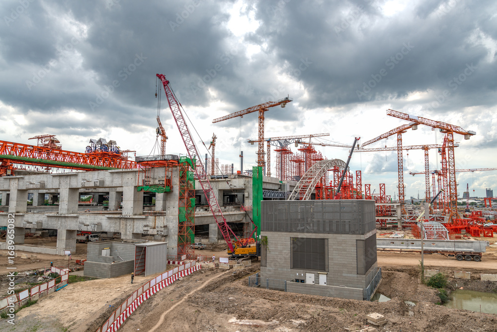 Cranes on Construction Site, Expressway in Asia Cranes on Construction Site, Expressway in Asia