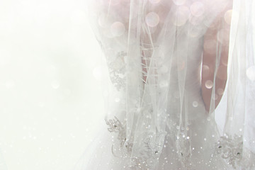 Beautiful bride with wedding dress and veil, from behind.