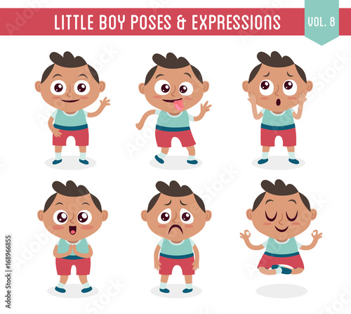 Character design set of a cute little black boy in different poses. Cartoon style illustration, isolated on white background. Body gestures and facial expressions. Vector illustration. Set 8 of 8.
