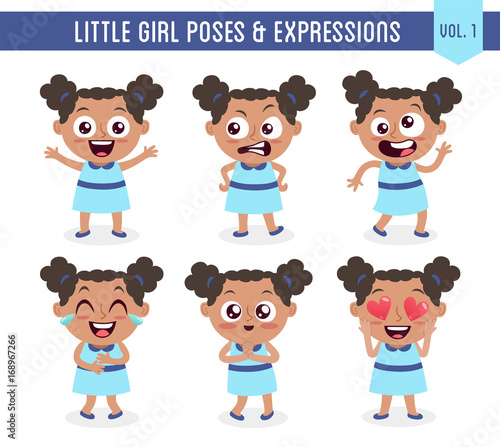 Character design set of a cute little black girl in different poses. Cartoon style illustration, isolated on white background. Body gestures and facial expressions. Vector illustration. Set 1 of 8.