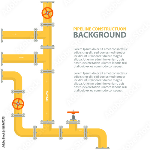 Industrial background with yellow pipeline. Oil, water or gas pipeline with fittings and valves.