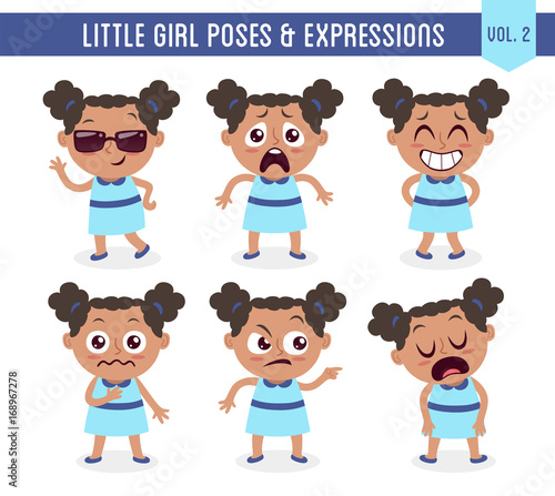 Character design set of a cute little black girl in different poses. Cartoon style illustration, isolated on white background. Body gestures and facial expressions. Vector illustration. Set 2 of 8.