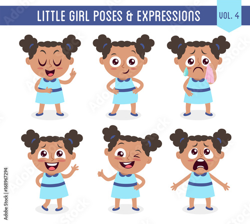 Character design set of a cute little black girl in different poses. Cartoon style illustration, isolated on white background. Body gestures and facial expressions. Vector illustration. Set 4 of 8.