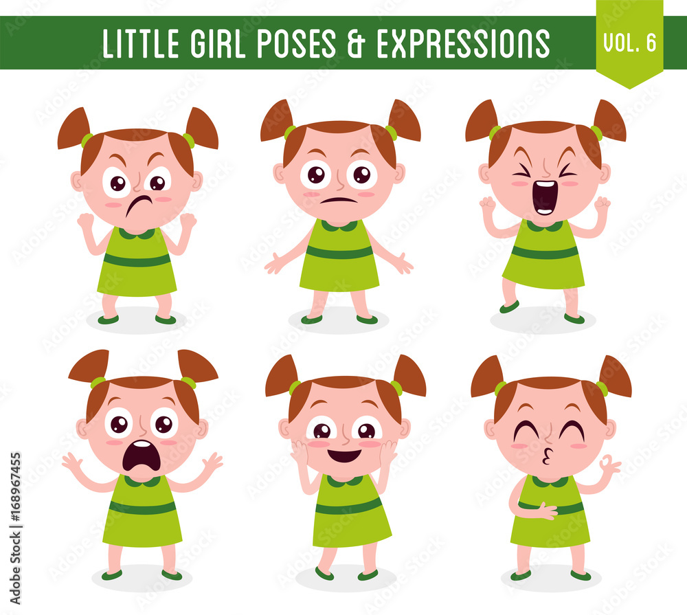 Character design set of a cute little white girl in different poses. Cartoon style illustration, isolated on white background. Body gestures and facial expressions. Vector illustration. Set 6 of 8. Character design set of a cute little white girl in different poses. Cartoon style illustration, isolated on white background. Body gestures and facial expressions. Vector illustration. Set 6 of 8.