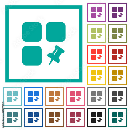 Pin component flat color icons with quadrant frames