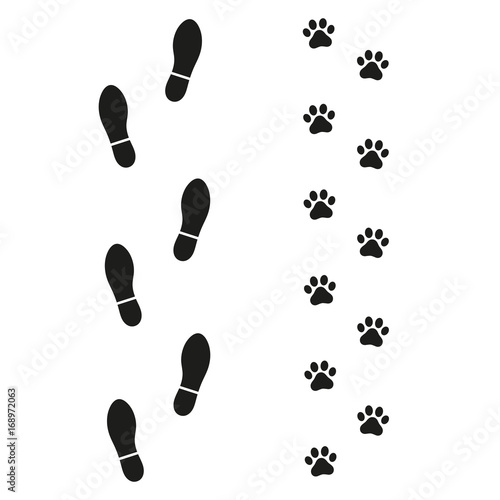 Traces of man and dog on white background