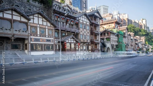 Time lapse of traffic near the Hongyadong, Chongqing city,China photo