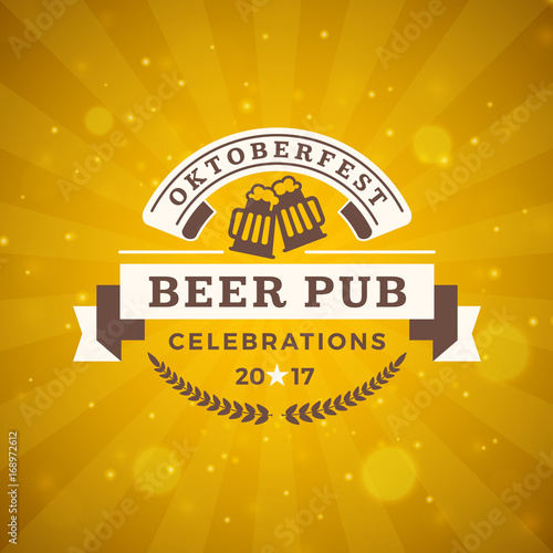 Beer festival Oktoberfest celebrations. Vintage beer badge on the golden beer abstract background. Vector design element