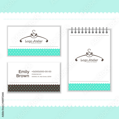 Branding for the children's clothing store. Logo, business card, notepad. Vector illustration in cartoon style