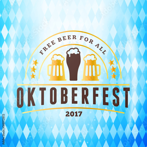 Beer festival Oktoberfest celebrations. Vintage beer badge on the traditional Bavarian flag background wuth light effect
