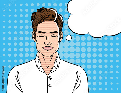 A man in a white shirt with closed eyes. A man dreaming. Portrait of a young man over halftone background with a speech bubble