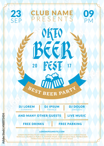 Beer festival Oktoberfest celebrations. Vintage beer label on the traditional Bavarian linen flag background. Typography poster or flyer template for beer party