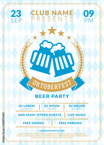 Beer festival Oktoberfest celebrations. Vintage beer label on the traditional Bavarian linen flag background. Typography poster or flyer template for beer party