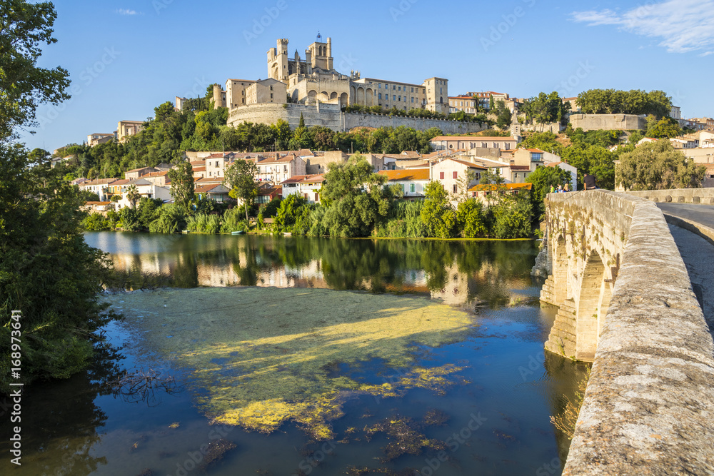 Views at sunset of the French city of Beziers, with trees, the river Orb, and the 13th-century Cathedral of Saint Nazaire in the background