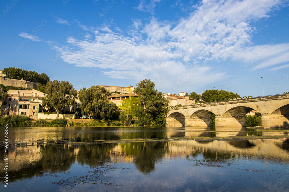 Views of the French town of Beziers with one of the bridges that cross the river Orb